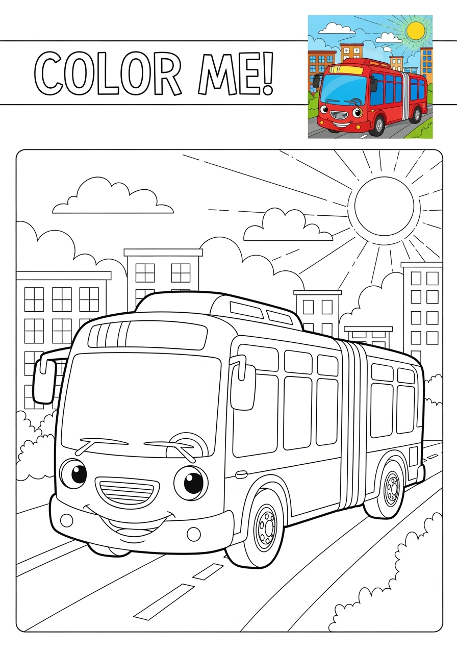 advanced vehicles Public Transport articulated bus kids coloring page 1