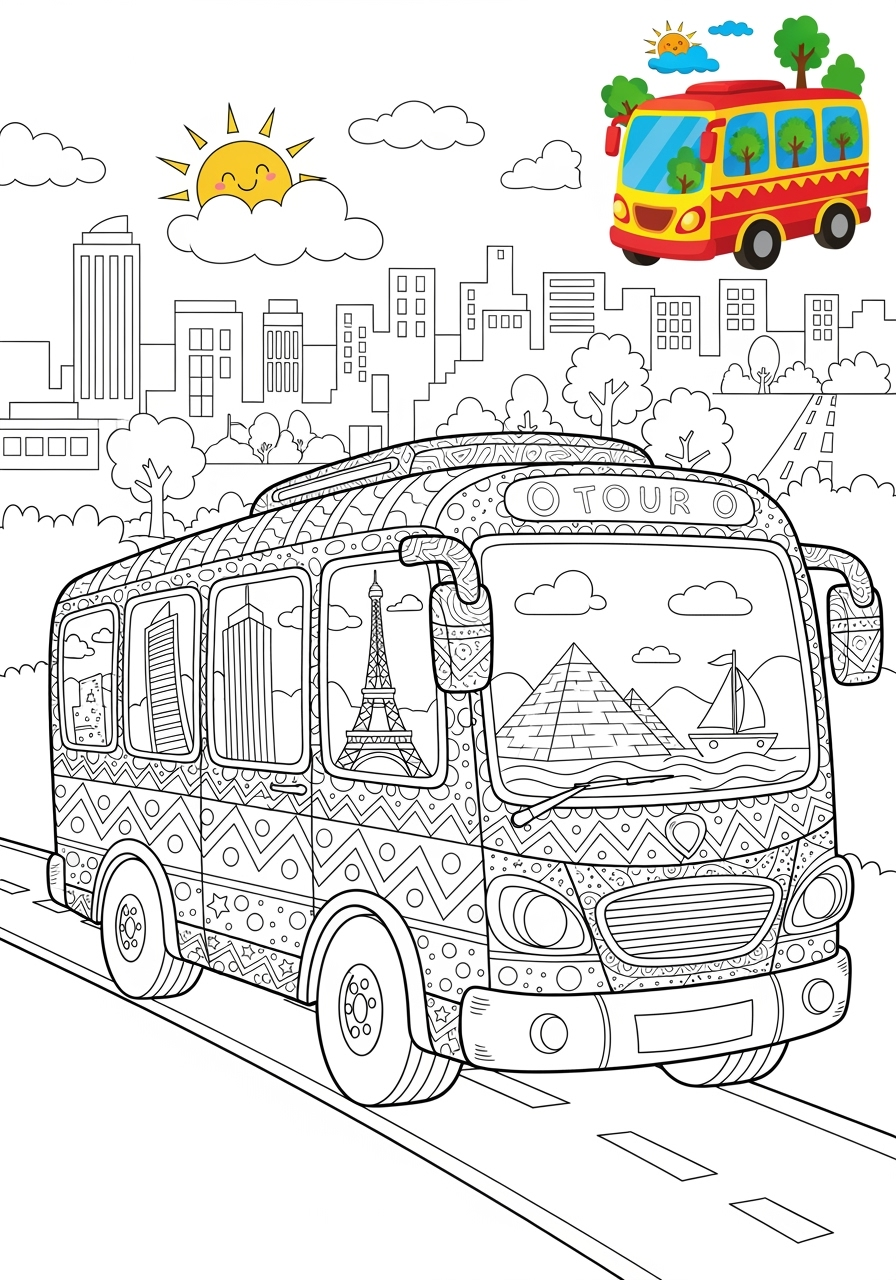 advanced vehicles Public Transport tour bus kids coloring page 1
