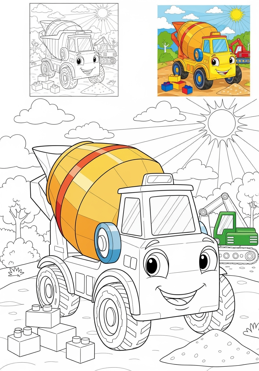 advanced vehicles Vehículos de Construcción cement mixer kids coloring page 0