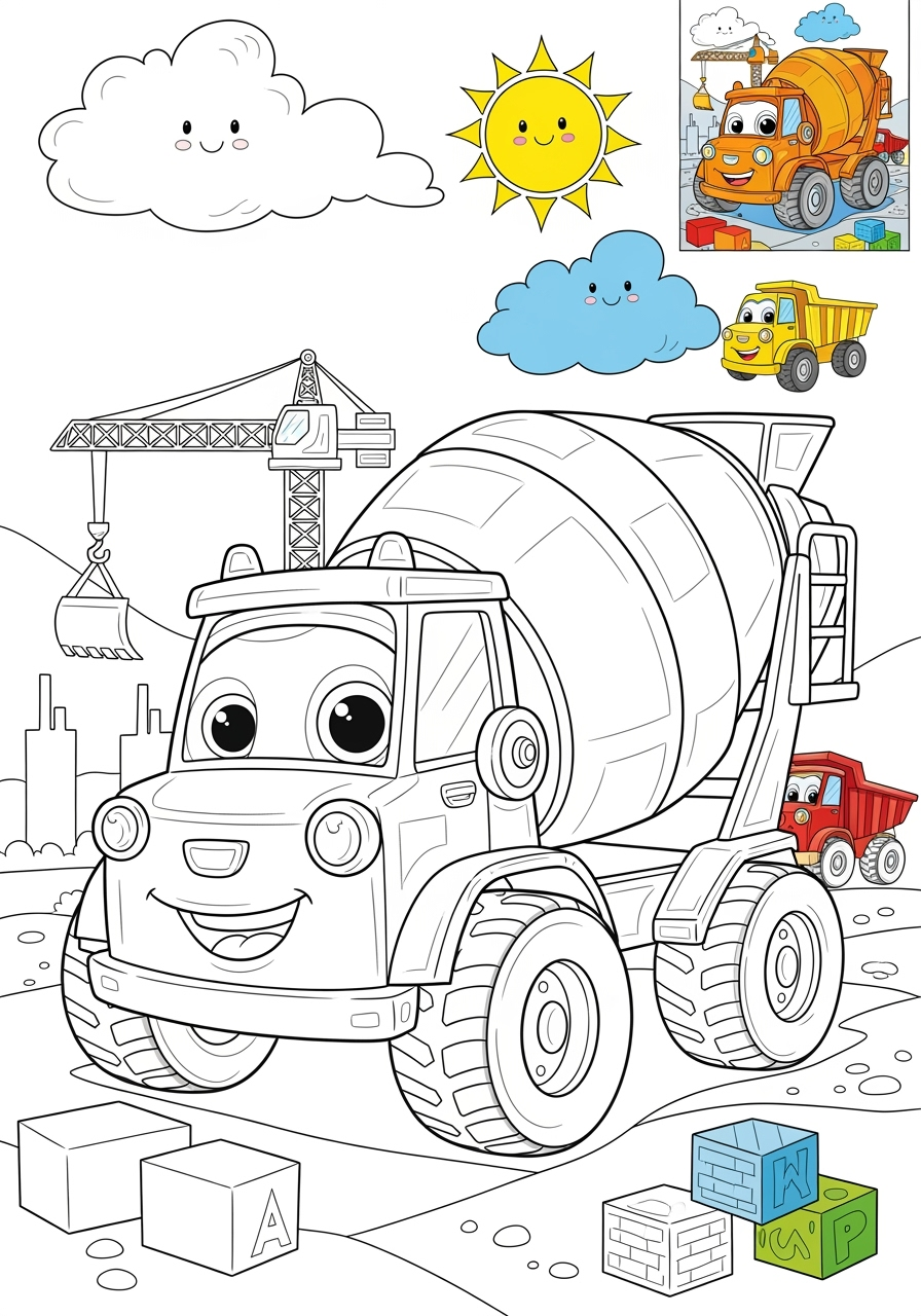 advanced vehicles Vehículos de Construcción cement mixer kids coloring page 1