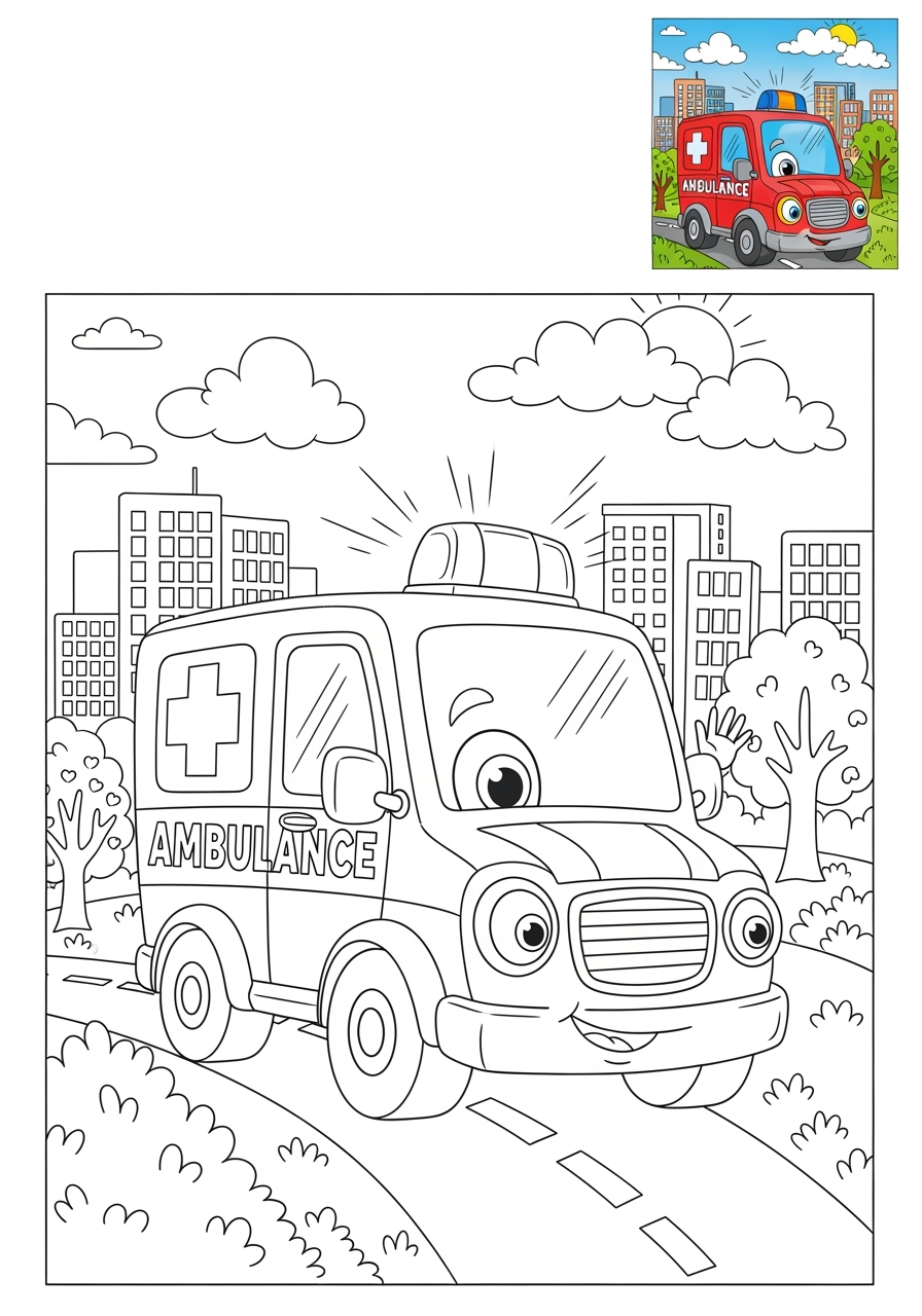 advanced vehicles Emergency Vehicles ambulance kids coloring page 0