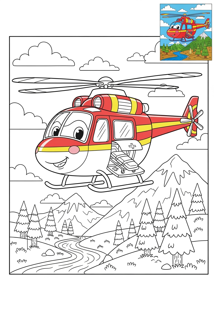 advanced vehicles Emergency Vehicles rescue helicopter kids coloring page 1