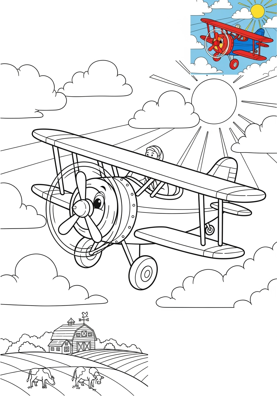 advanced vehicles Giao Thông Hàng Không biplane kids coloring page 1