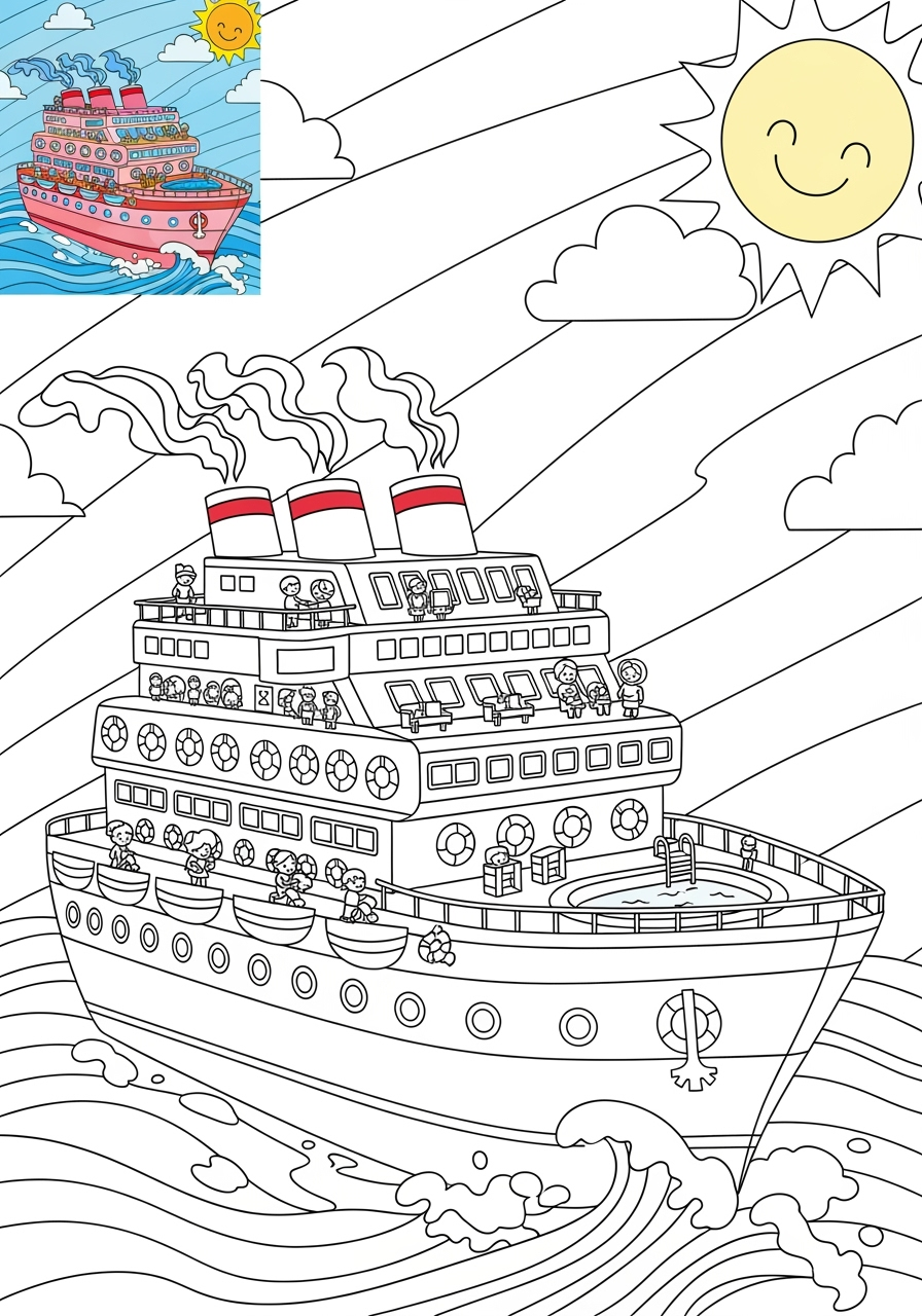 advanced vehicles Water Transport cruise ship kids coloring page 1
