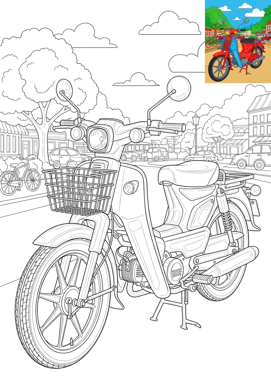 advanced vehicles Two-Wheelers moped kids coloring page 0