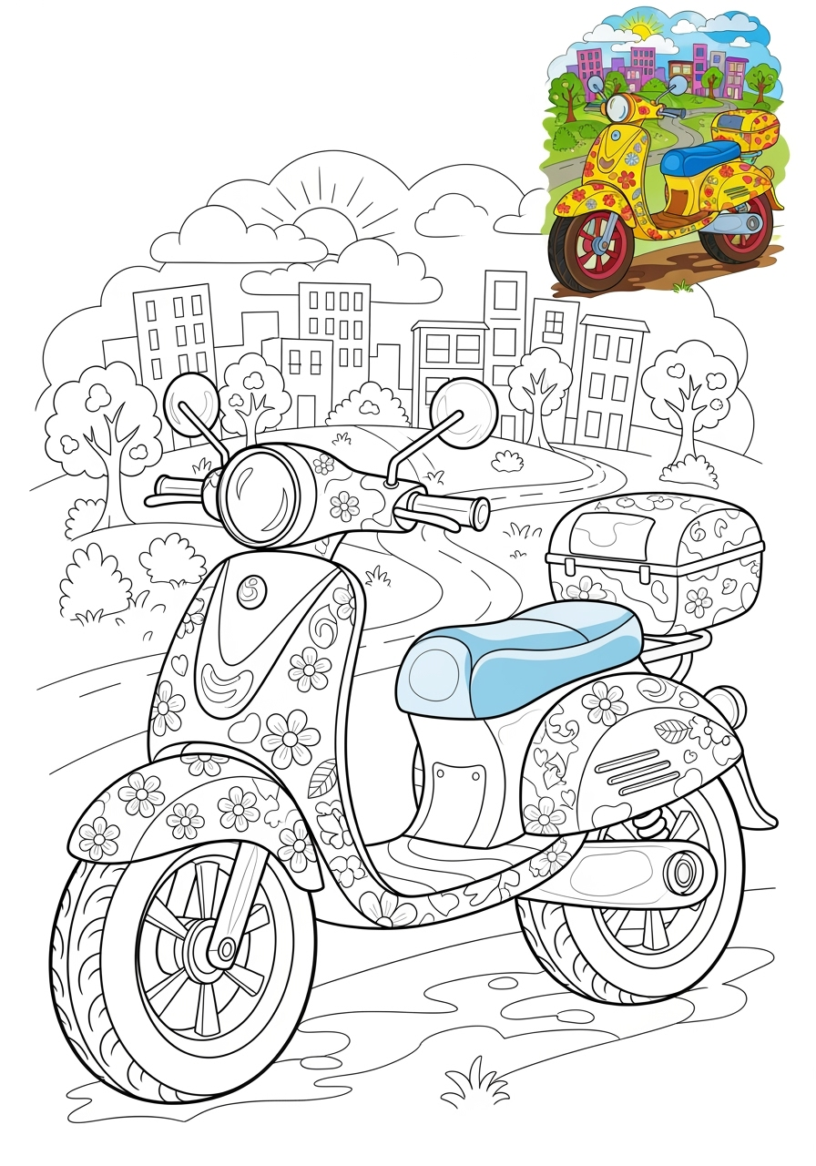 advanced vehicles Two-Wheelers moped kids coloring page 1