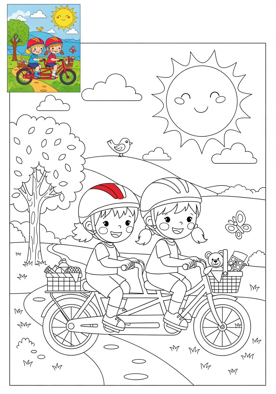 advanced vehicles Two-Wheelers tandem bike kids coloring page 1