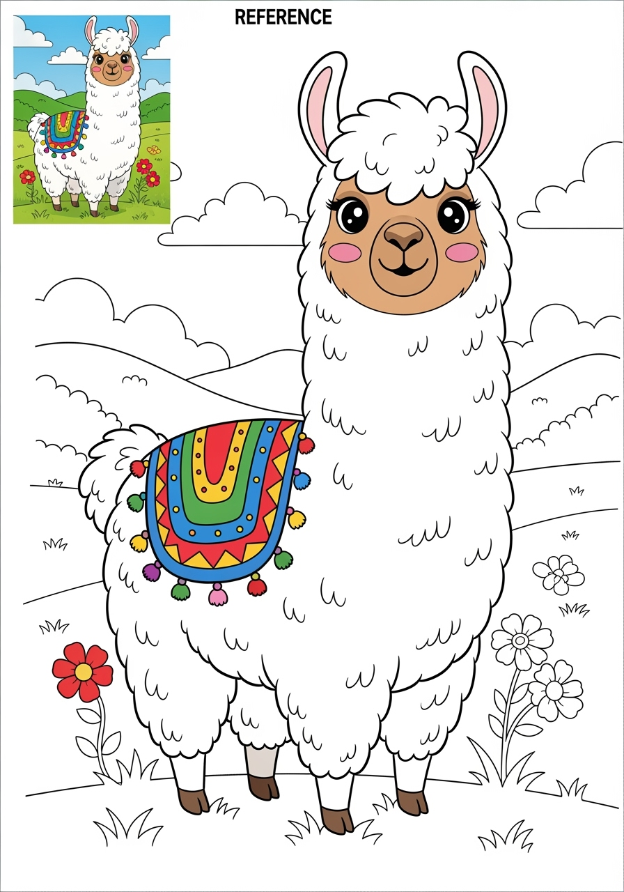 easy animals Farmyard Friends llama kids coloring page 1