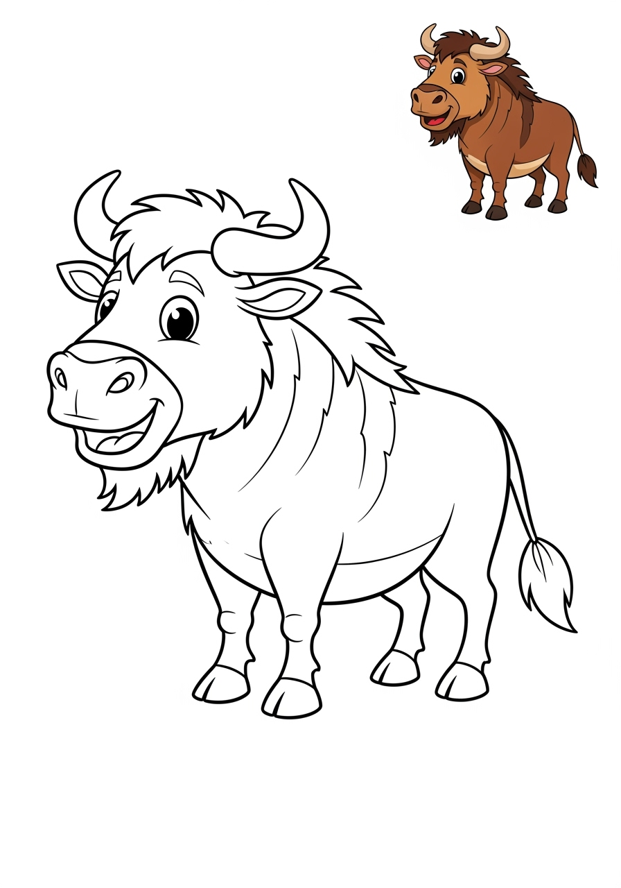 easy animals Savanna & Grassland wildebeest2 kids coloring page 1