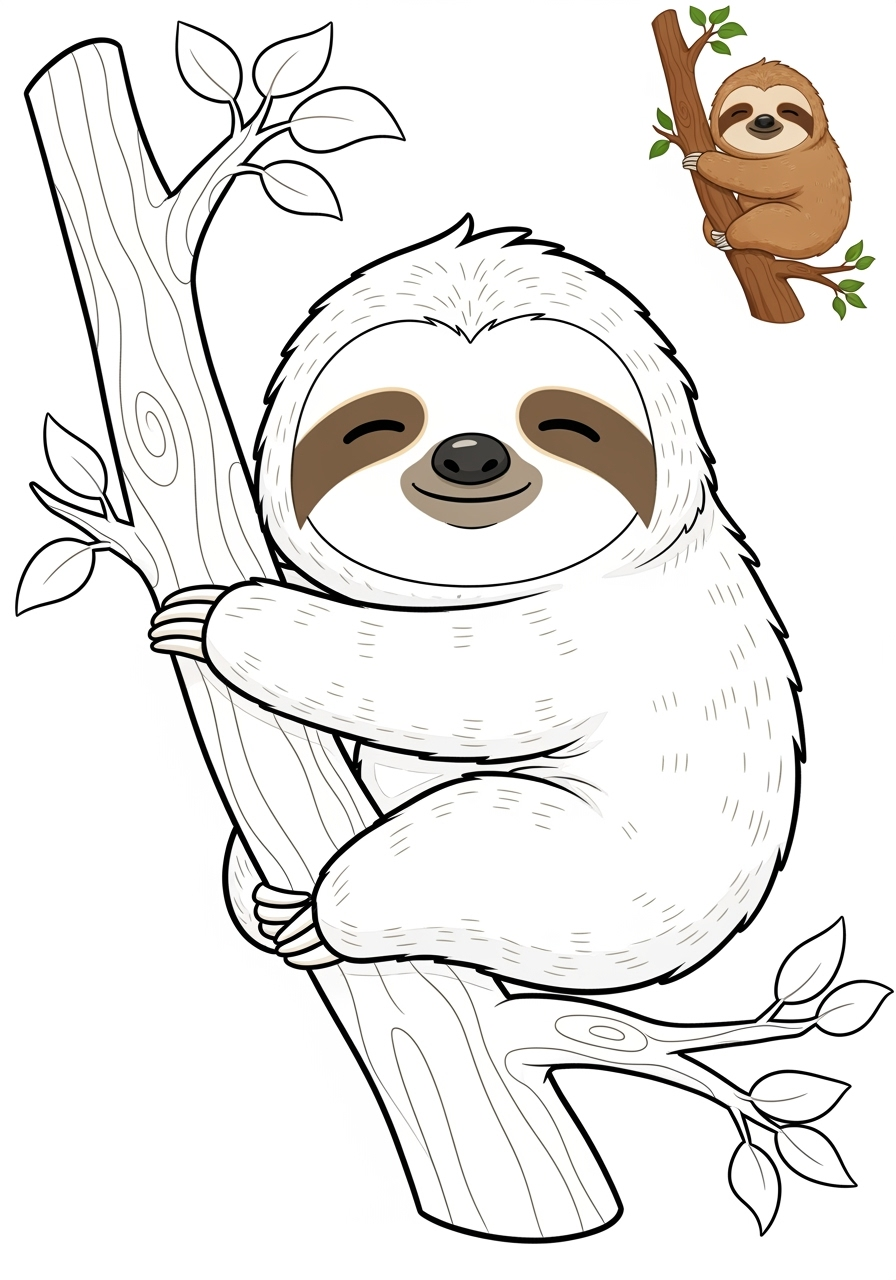 easy animals Säugetiere (Verschiedene) sloth kids coloring page 1