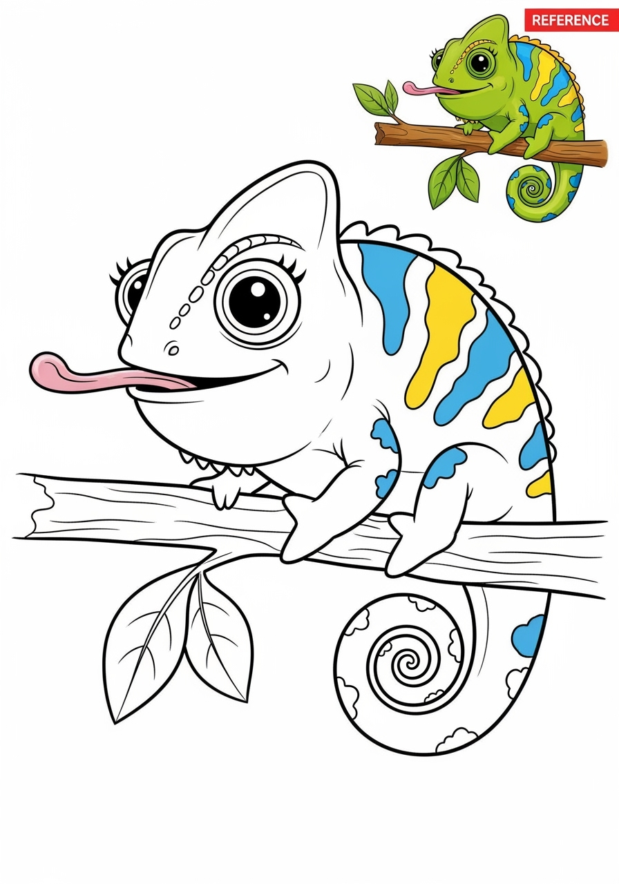 easy animals Reptiles & Amphibiens chameleon kids coloring page 0