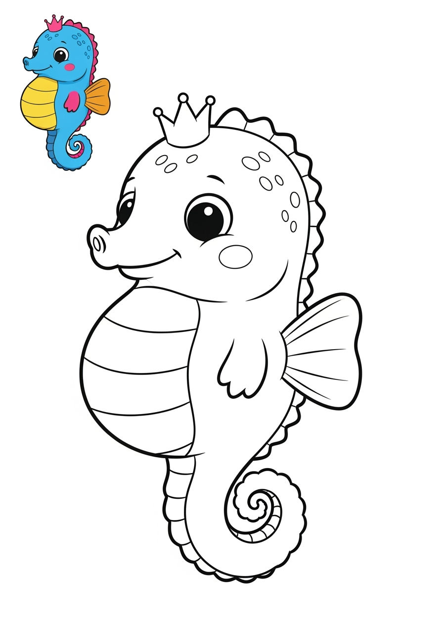 easy animals Marine Animals (Fish & Mammals) seahorse kids coloring page 1