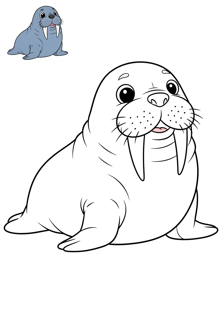easy animals Marine Animals (Fish & Mammals) walrus kids coloring page 1