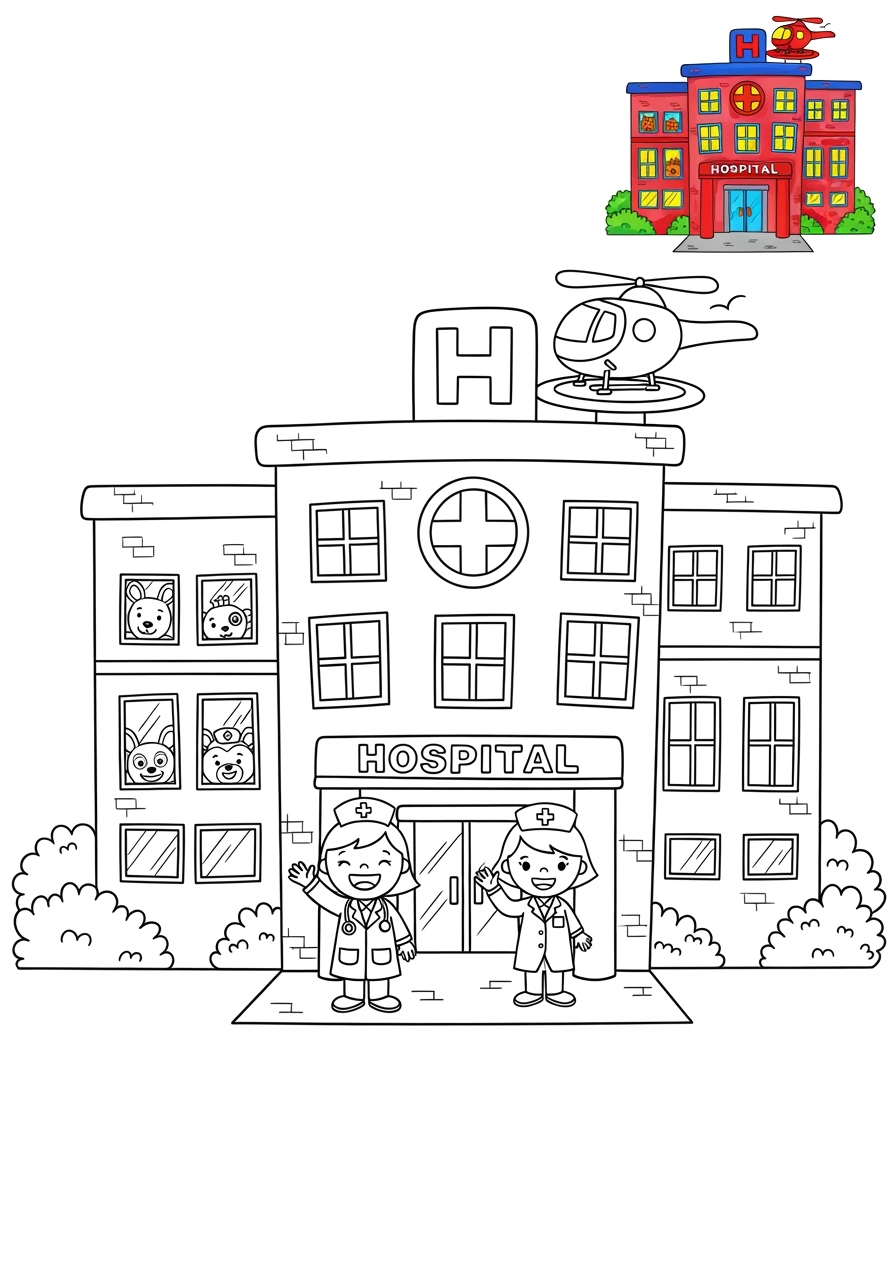 easy buildings and places Community Buildings hospital kids coloring page 1