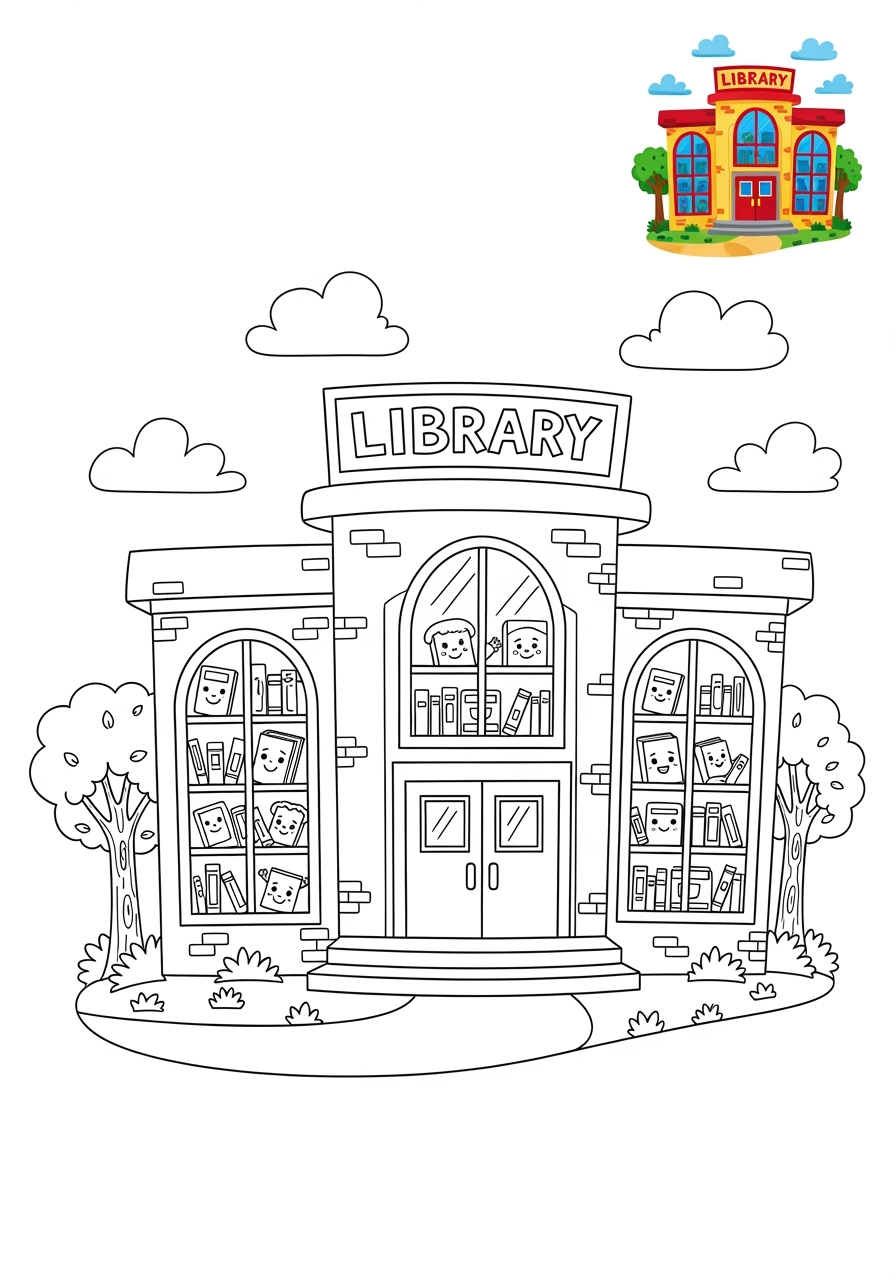 easy buildings and places Community Buildings library kids coloring page 0