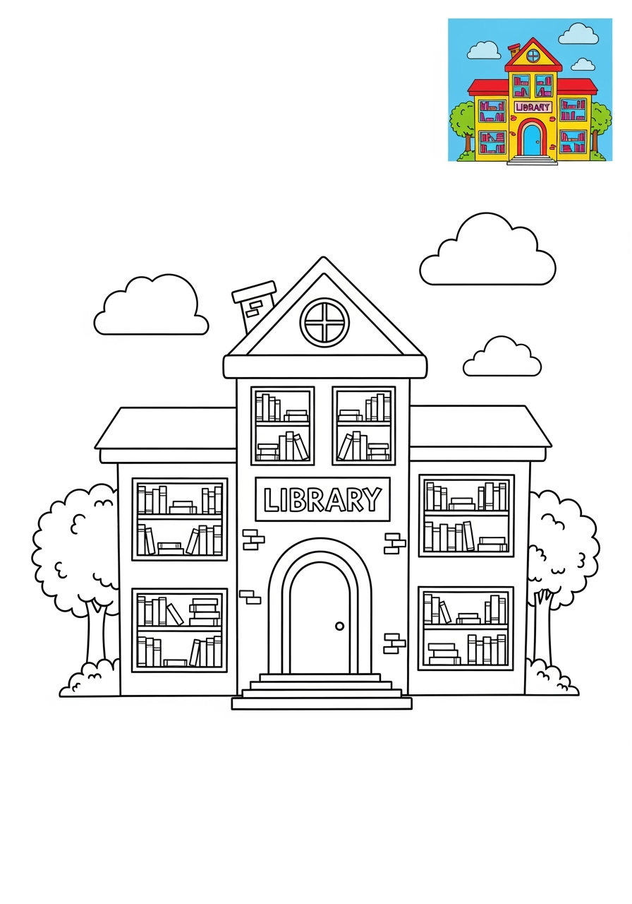 easy buildings and places Community Buildings library kids coloring page 1