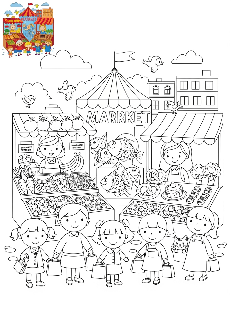 easy buildings and places Community Buildings market kids coloring page 0