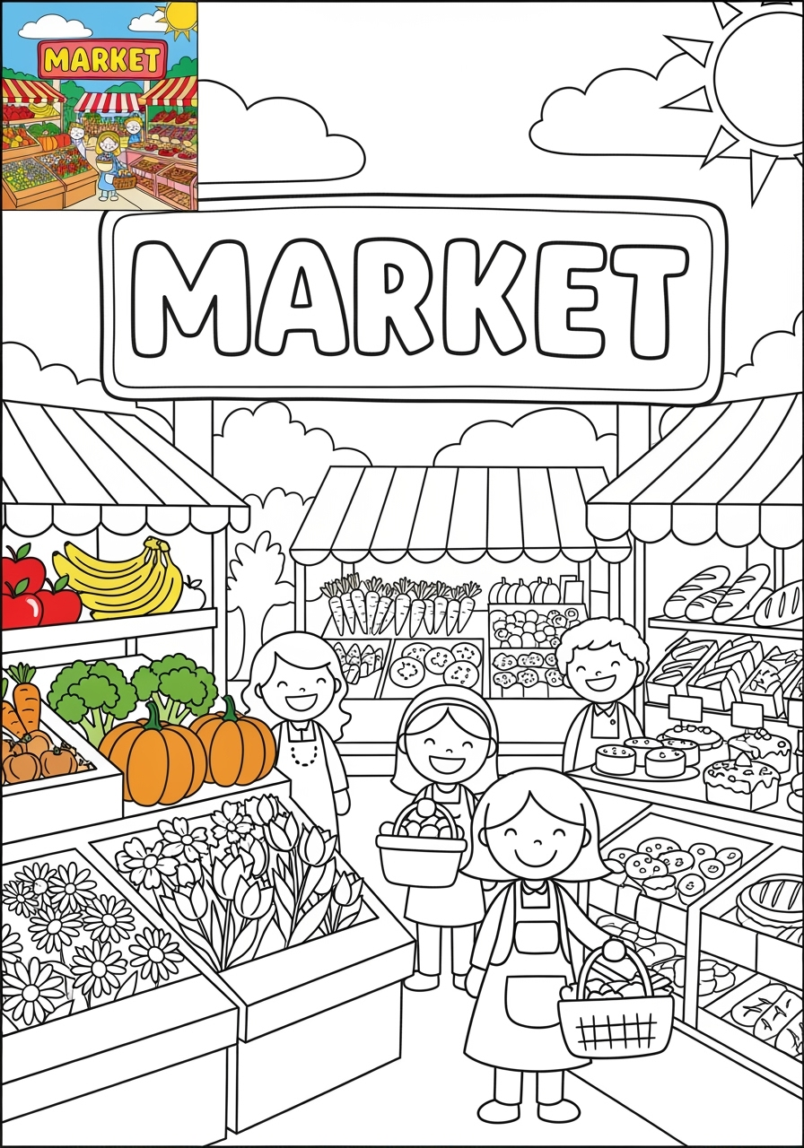 easy buildings and places Community Buildings market kids coloring page 1