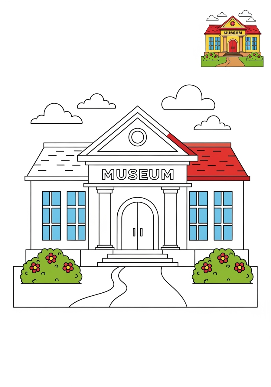 easy buildings and places Community Buildings museum kids coloring page 1