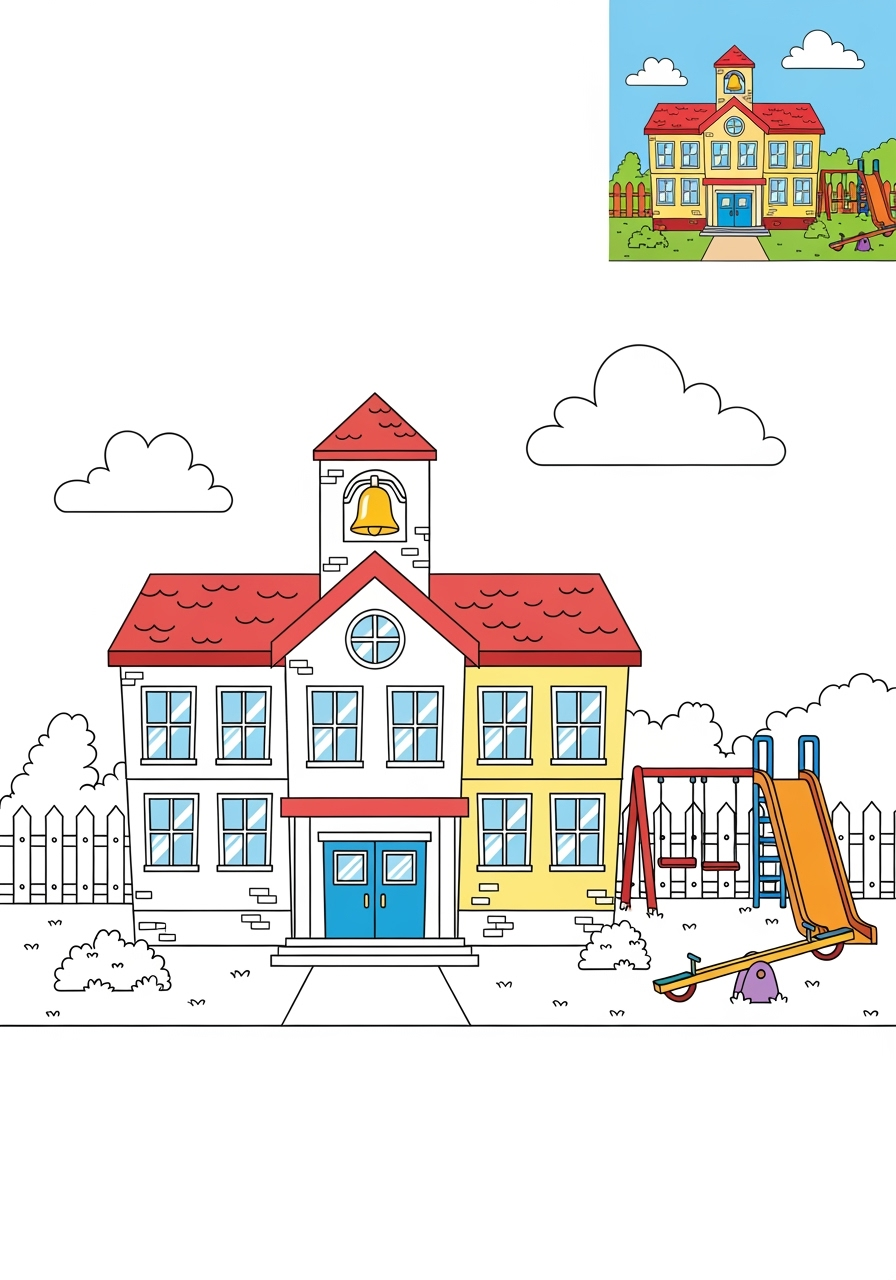 easy buildings and places Community Buildings school kids coloring page 0