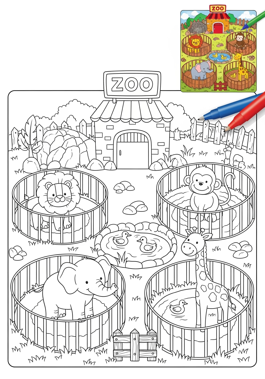 easy buildings and places Community Buildings zoo kids coloring page 1