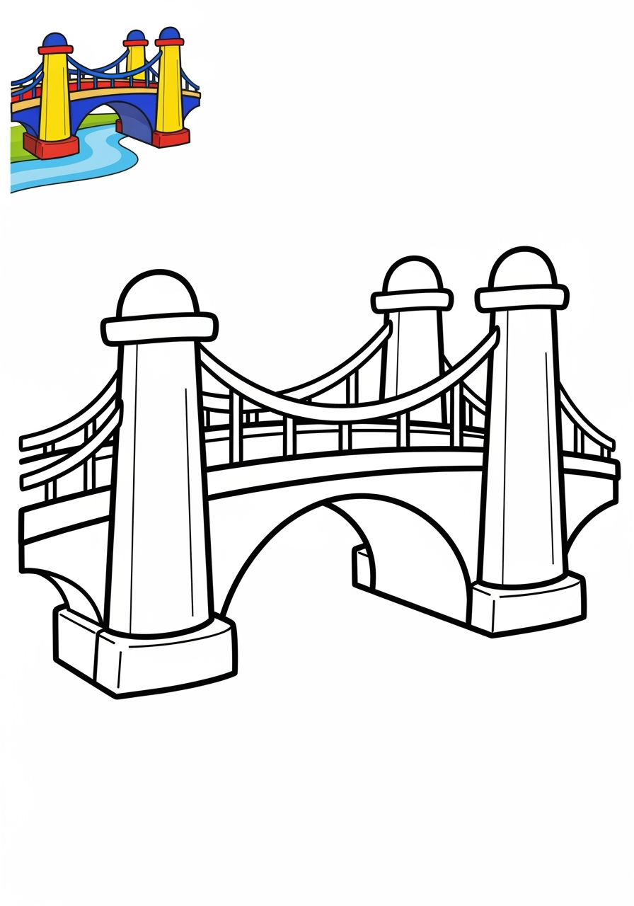 easy buildings and places Landmarks bridge kids coloring page 1