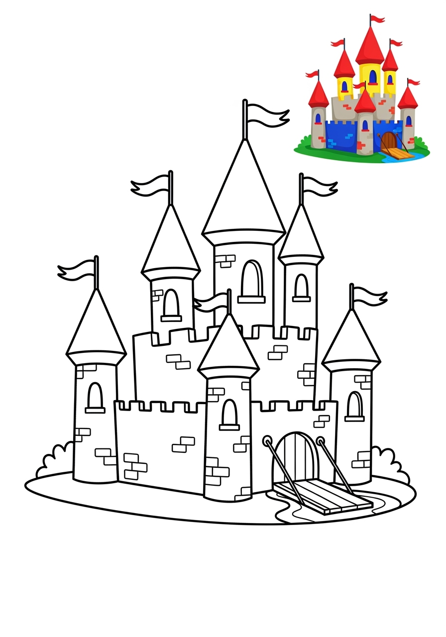 easy buildings and places Landmarks castle kids coloring page 1