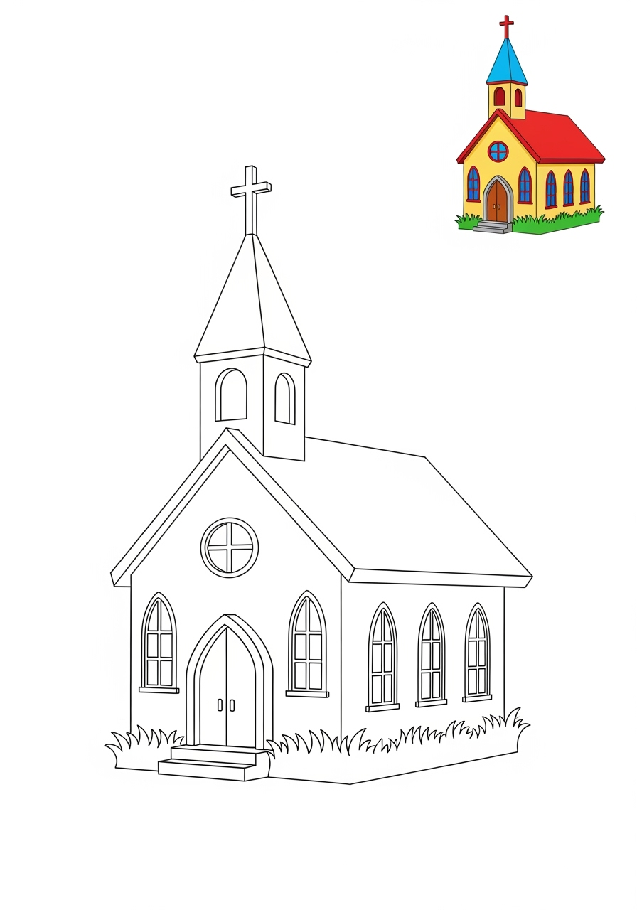 easy buildings and places Landmarks church kids coloring page 1
