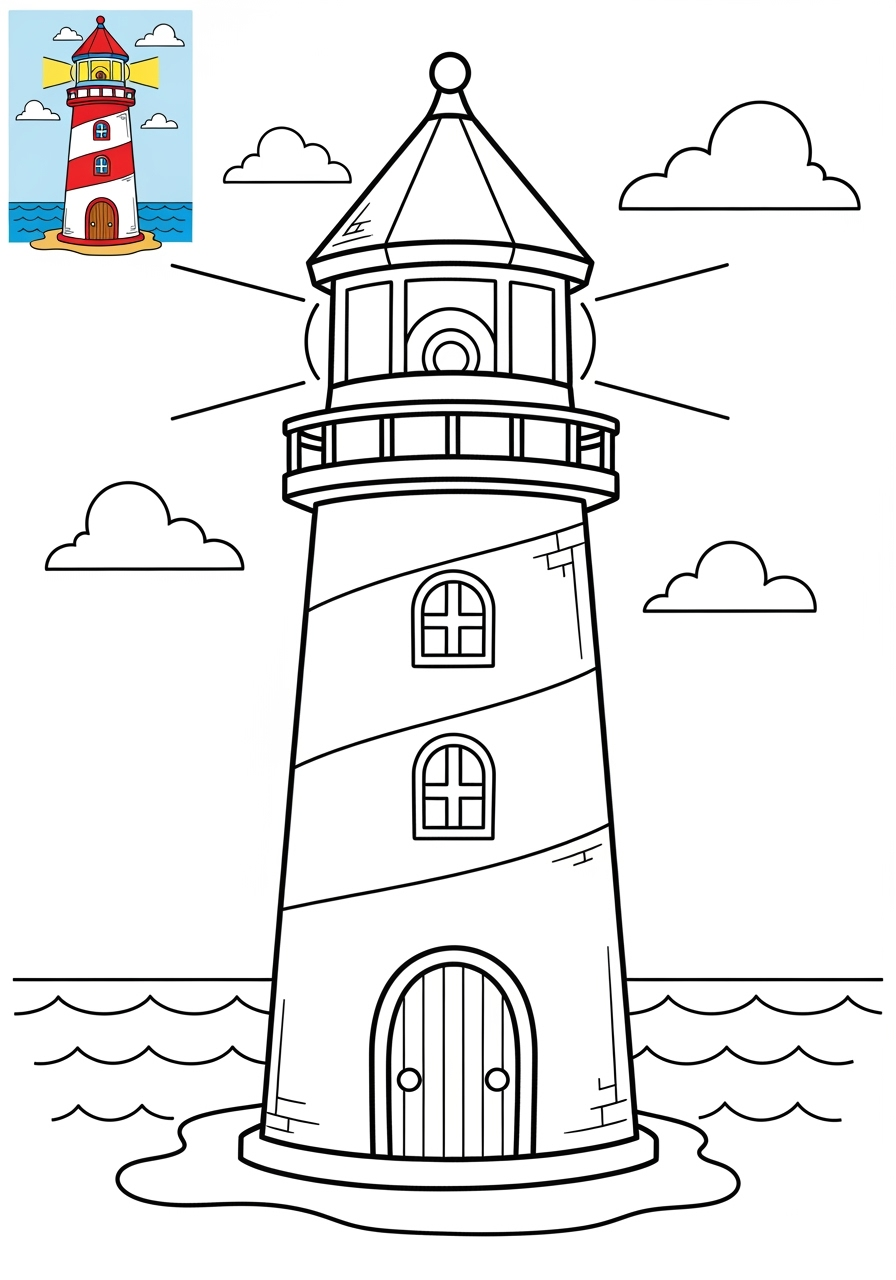 easy buildings and places Landmarks lighthouse kids coloring page 0