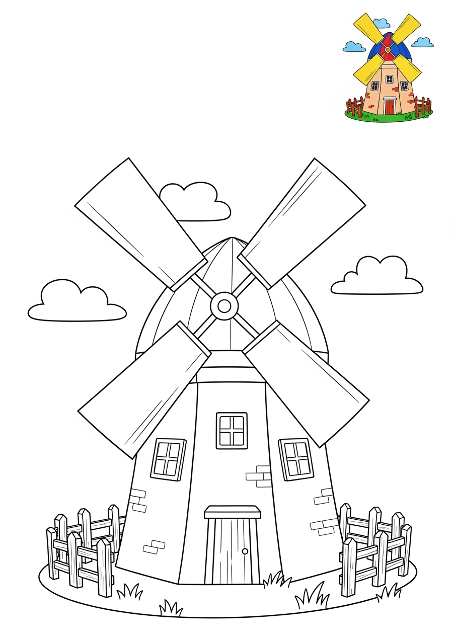easy buildings and places Landmarks windmill kids coloring page 0