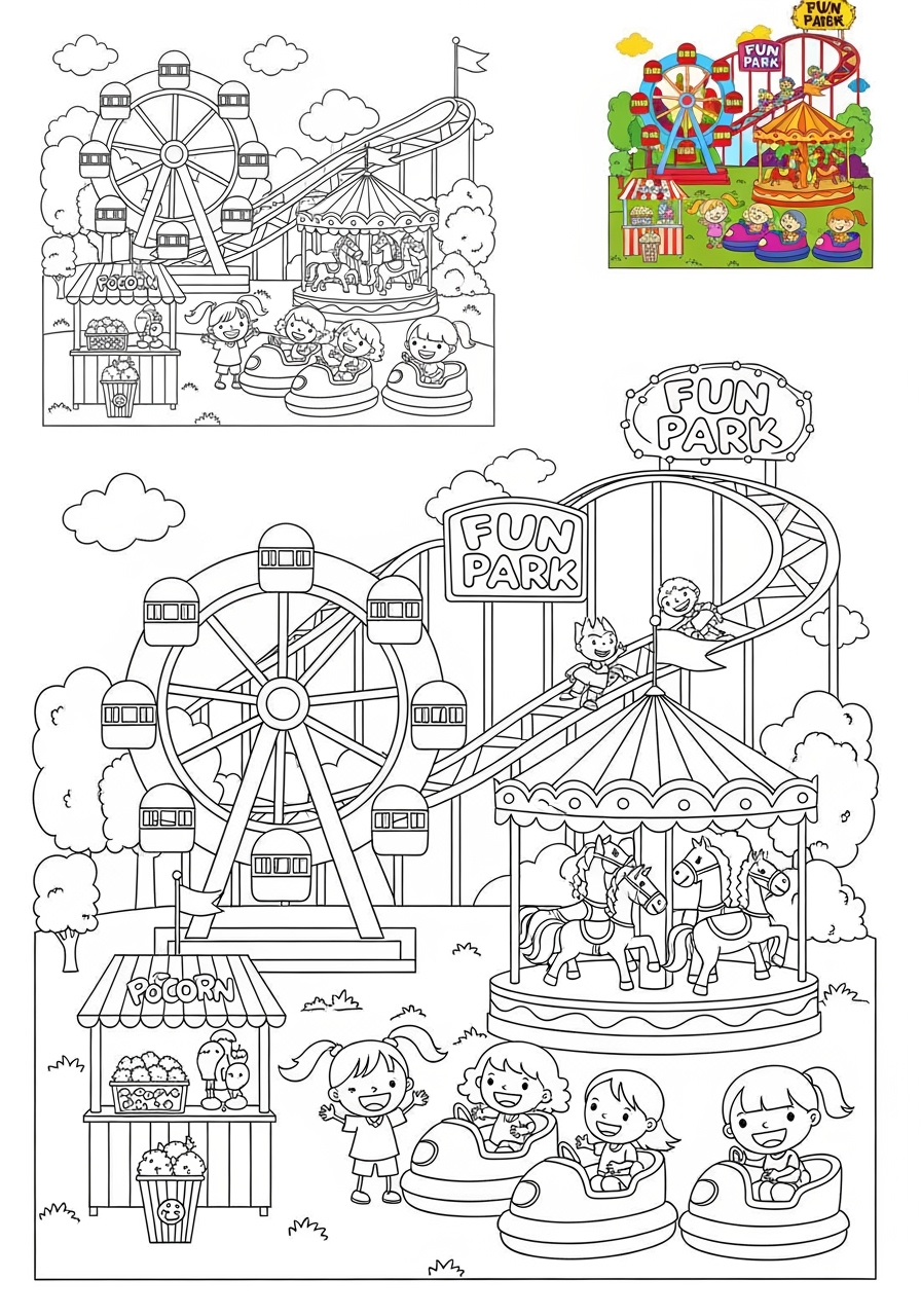 easy buildings and places Play & Fun amusement park kids coloring page 0