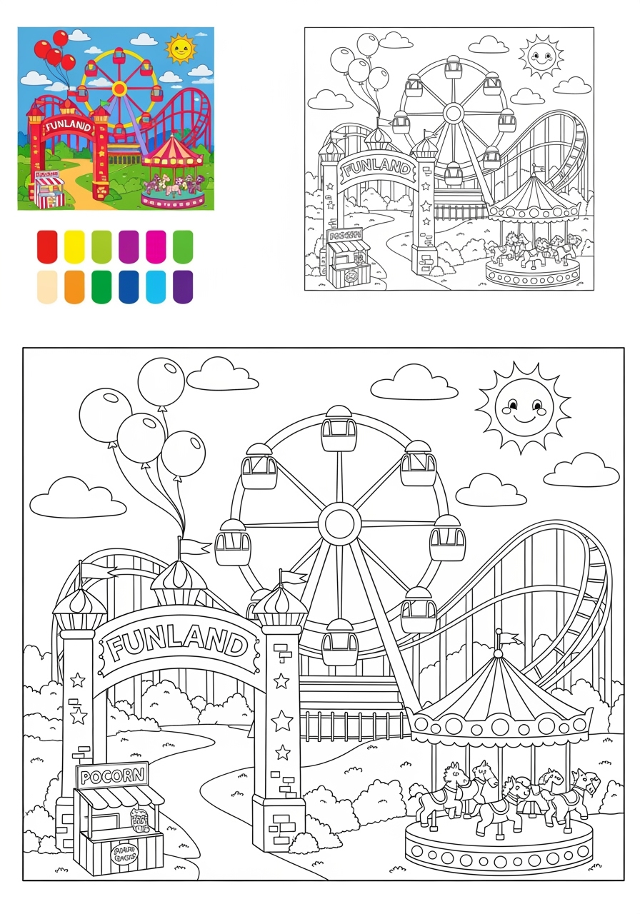 easy buildings and places Play & Fun amusement park kids coloring page 1