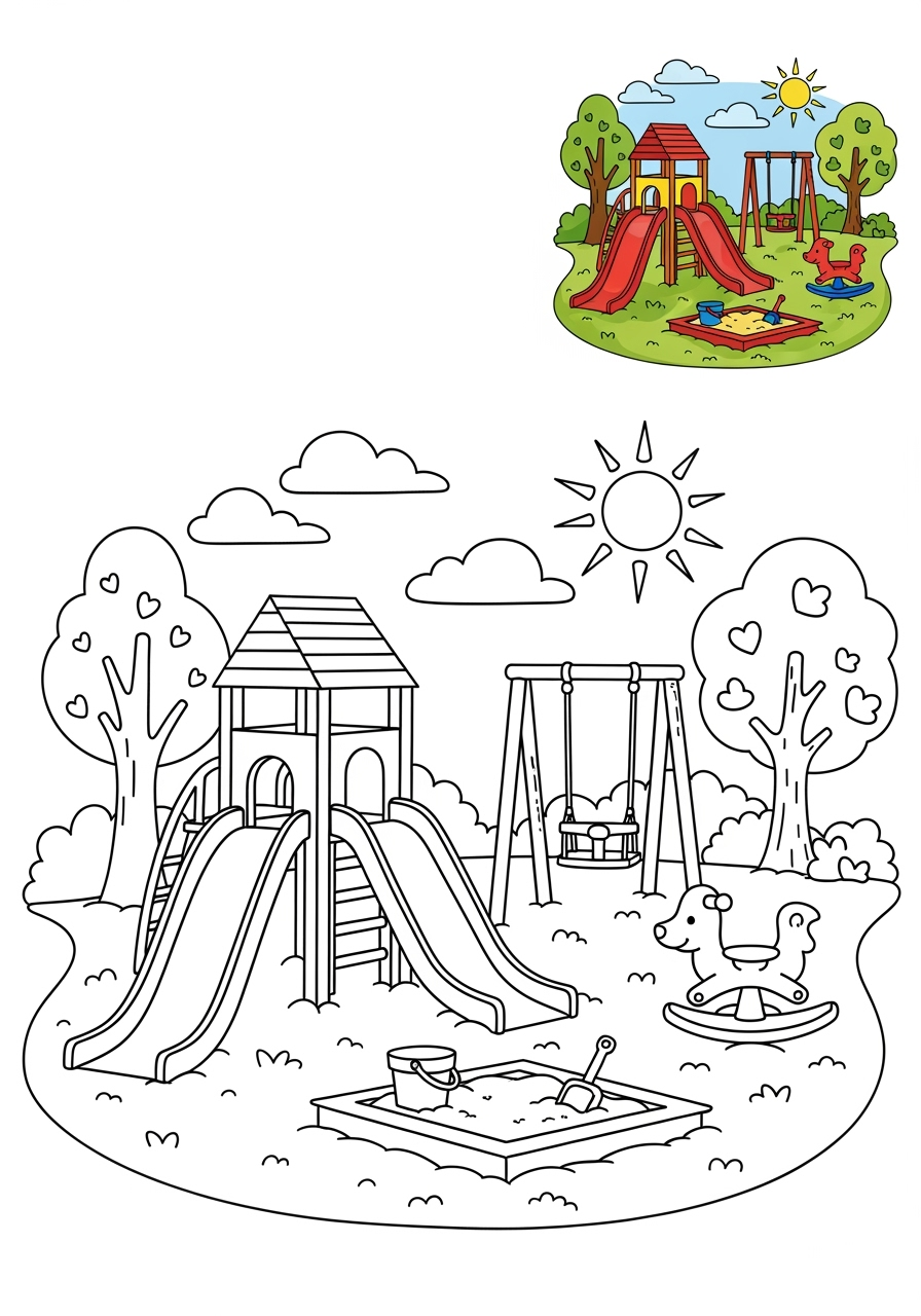 easy buildings and places Play & Fun playground kids coloring page 1