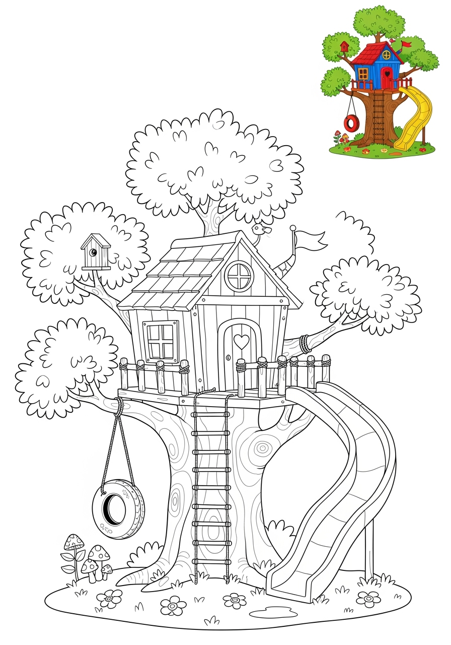 easy buildings and places Play & Fun treehouse kids coloring page 1