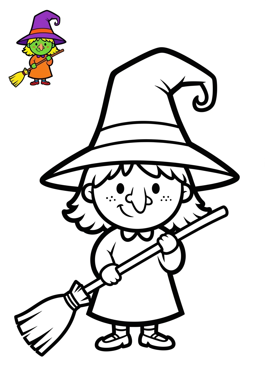 easy fantasy and fairy tales Personajes witch kids coloring page 0