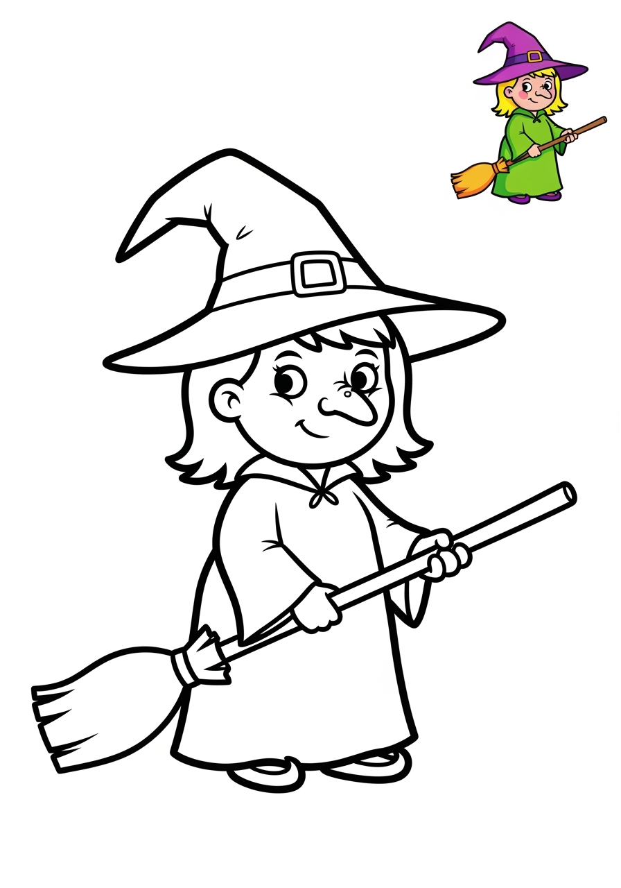 easy fantasy and fairy tales Personajes witch kids coloring page 1