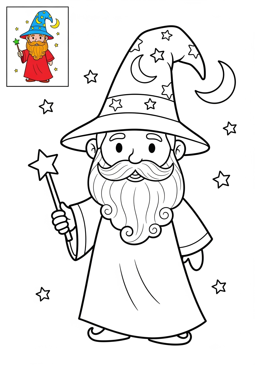 easy fantasy and fairy tales Personajes wizard kids coloring page 1