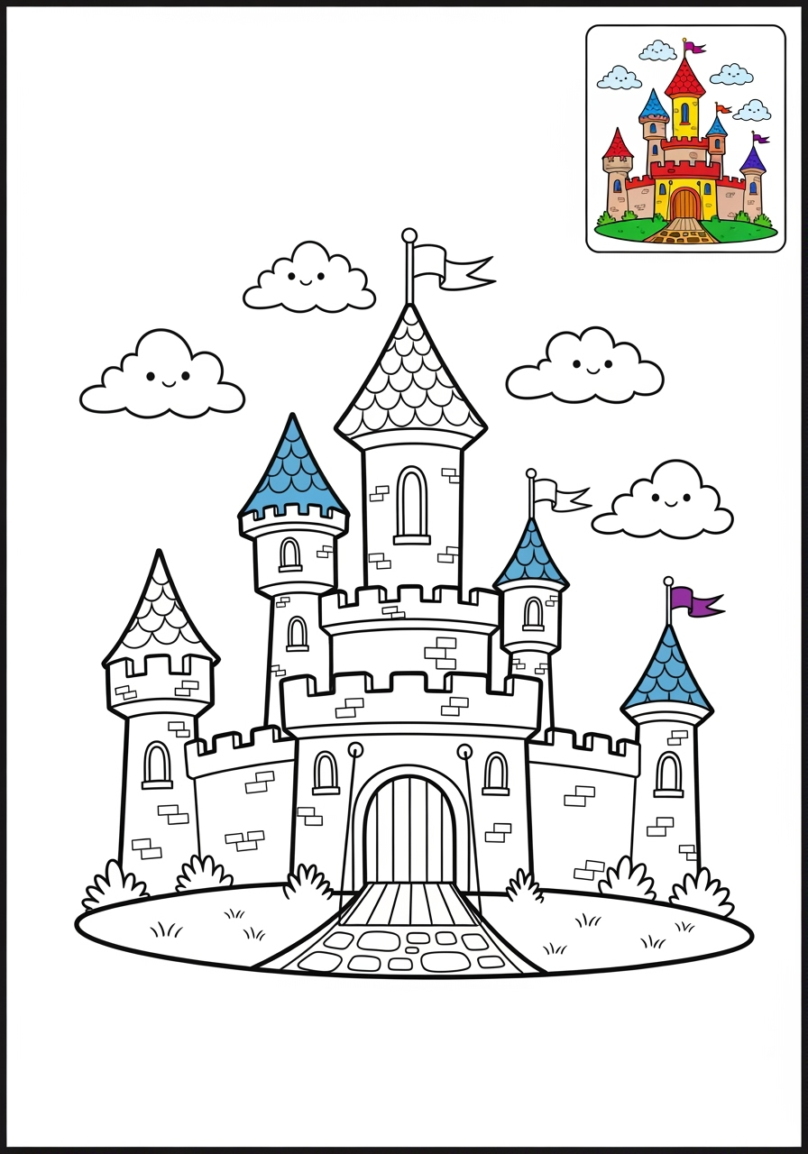 easy fantasy and fairy tales Magic & Objects castle kids coloring page 0