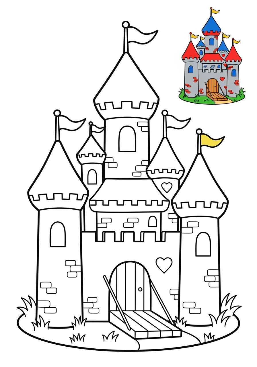 easy fantasy and fairy tales Magic & Objects castle kids coloring page 1