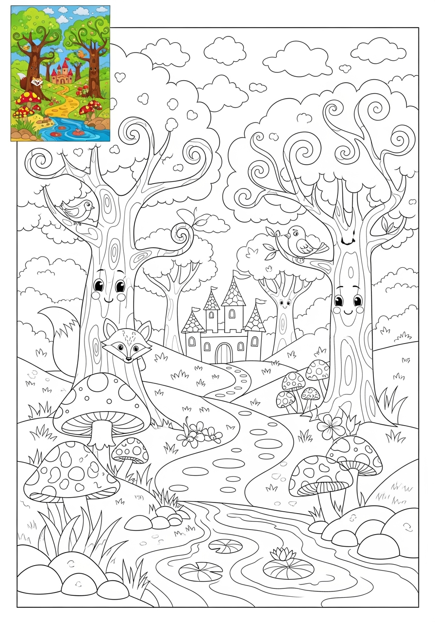 easy fantasy and fairy tales Magic & Objects enchanted forest kids coloring page 0