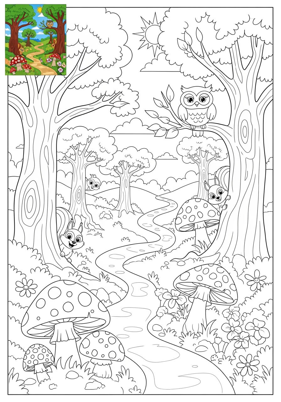 easy fantasy and fairy tales Magic & Objects enchanted forest kids coloring page 1