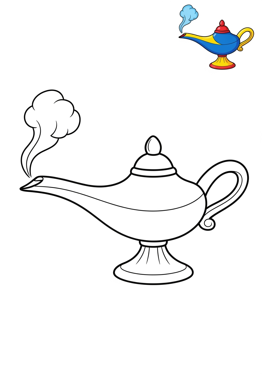easy fantasy and fairy tales Magic & Objects genie lamp kids coloring page 1