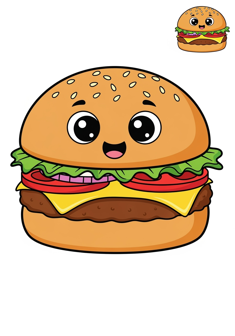 easy food and treats Snacks & Meals burger kids coloring page 1