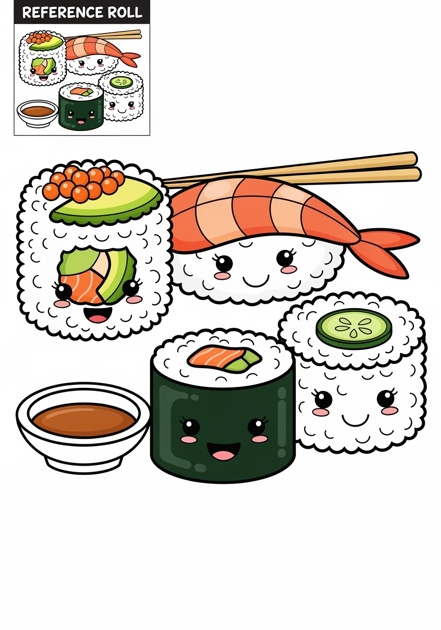 easy food and treats Snacks & Meals sushi kids coloring page 1