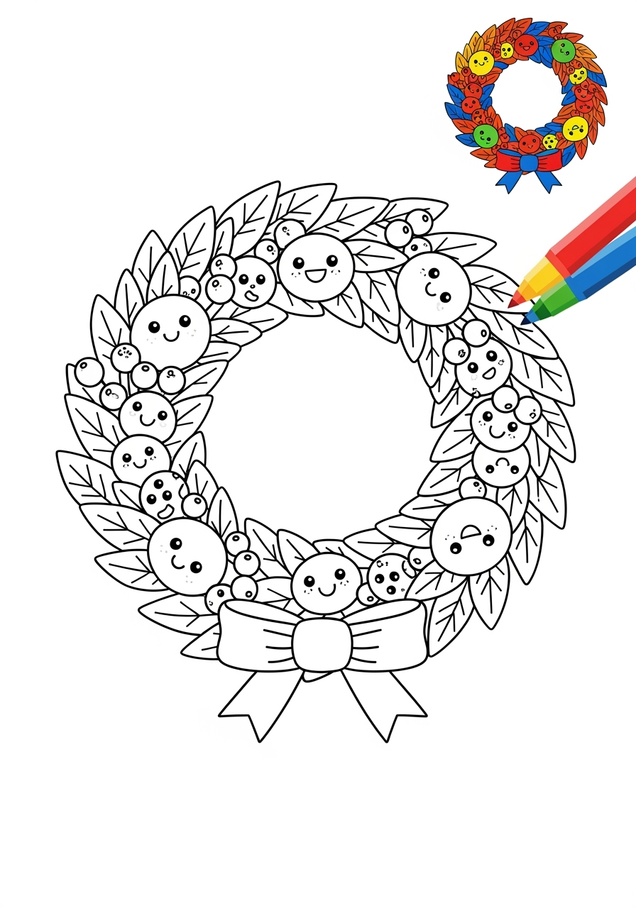easy holidays and celebrations Christmas wreath kids coloring page 1