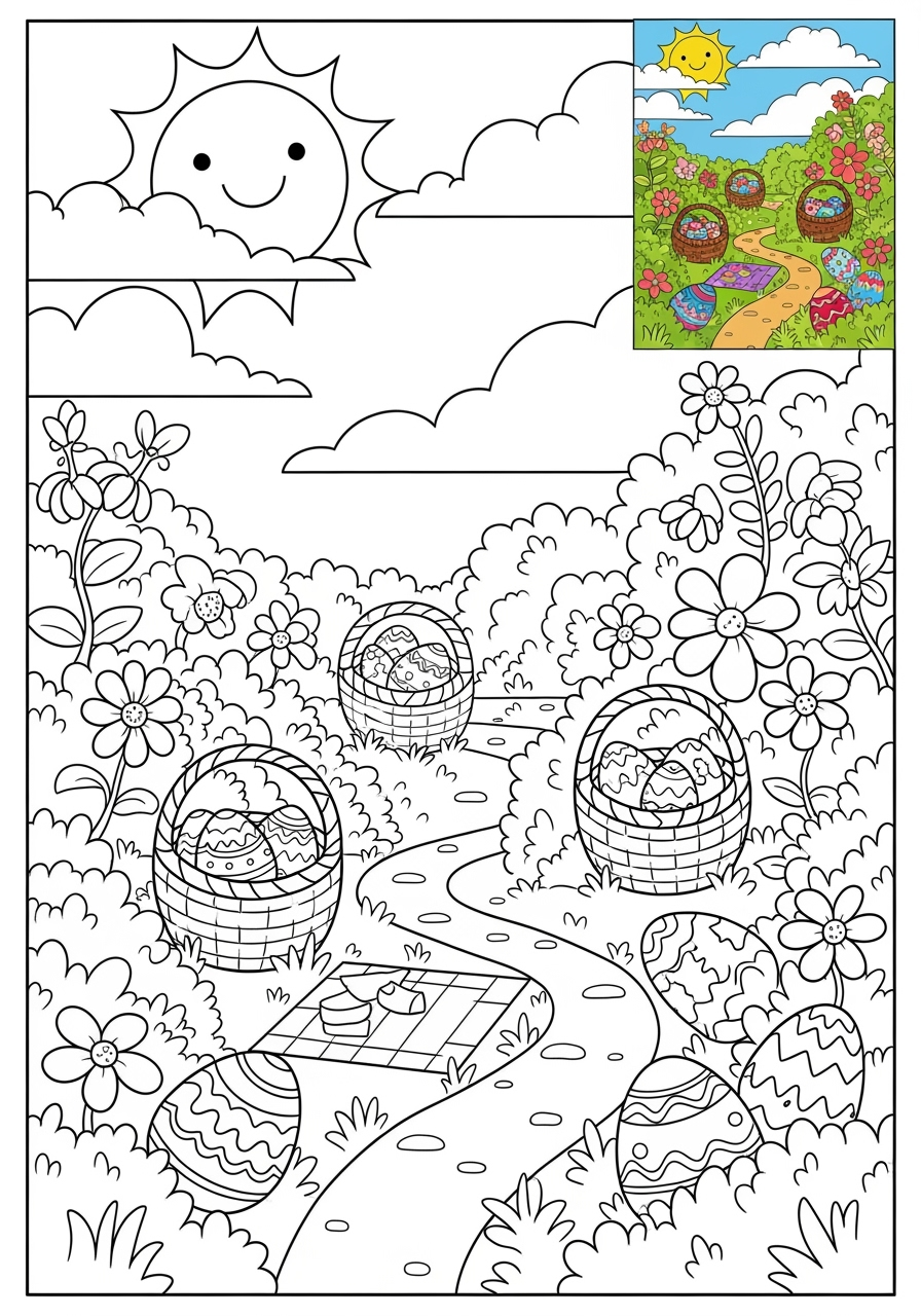 easy holidays and celebrations Easter egg hunt kids coloring page 0