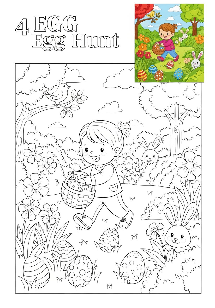 easy holidays and celebrations Easter egg hunt kids coloring page 1