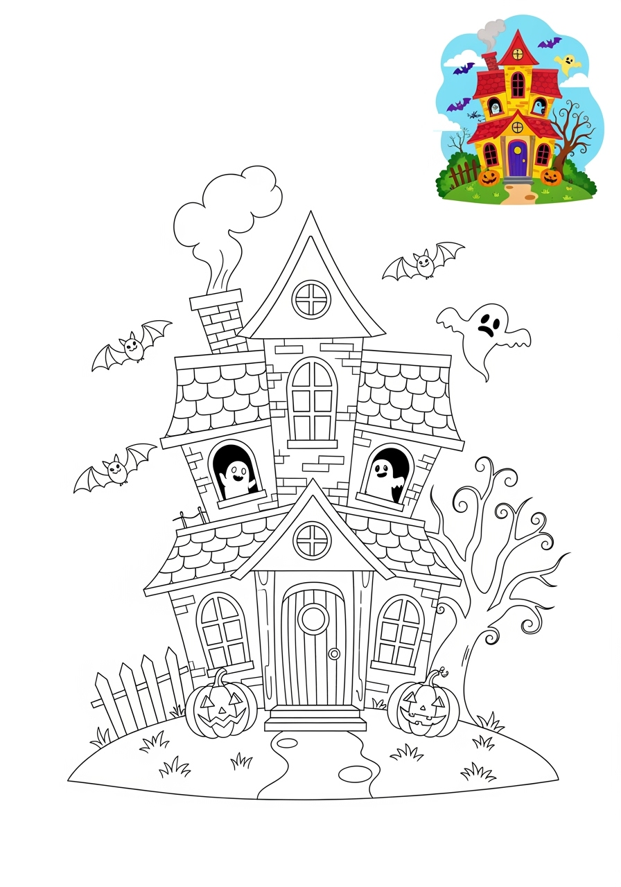 easy holidays and celebrations Halloween haunted house kids coloring page 0