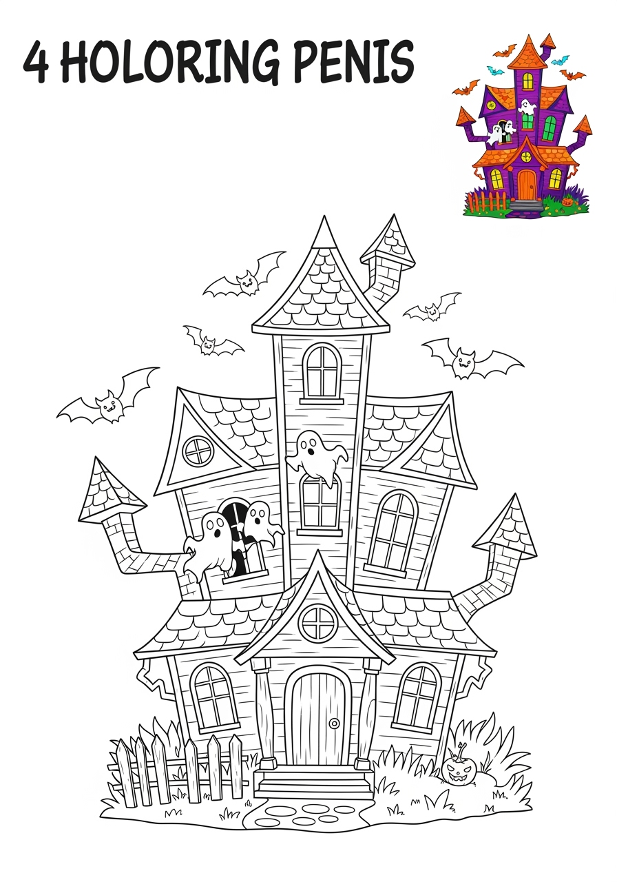 easy holidays and celebrations Halloween haunted house kids coloring page 1