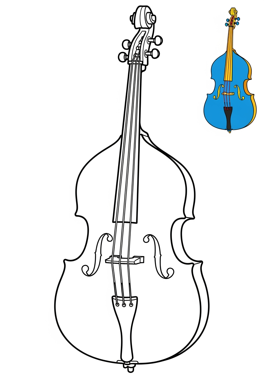 easy musical instruments Strings double bass kids coloring page 0